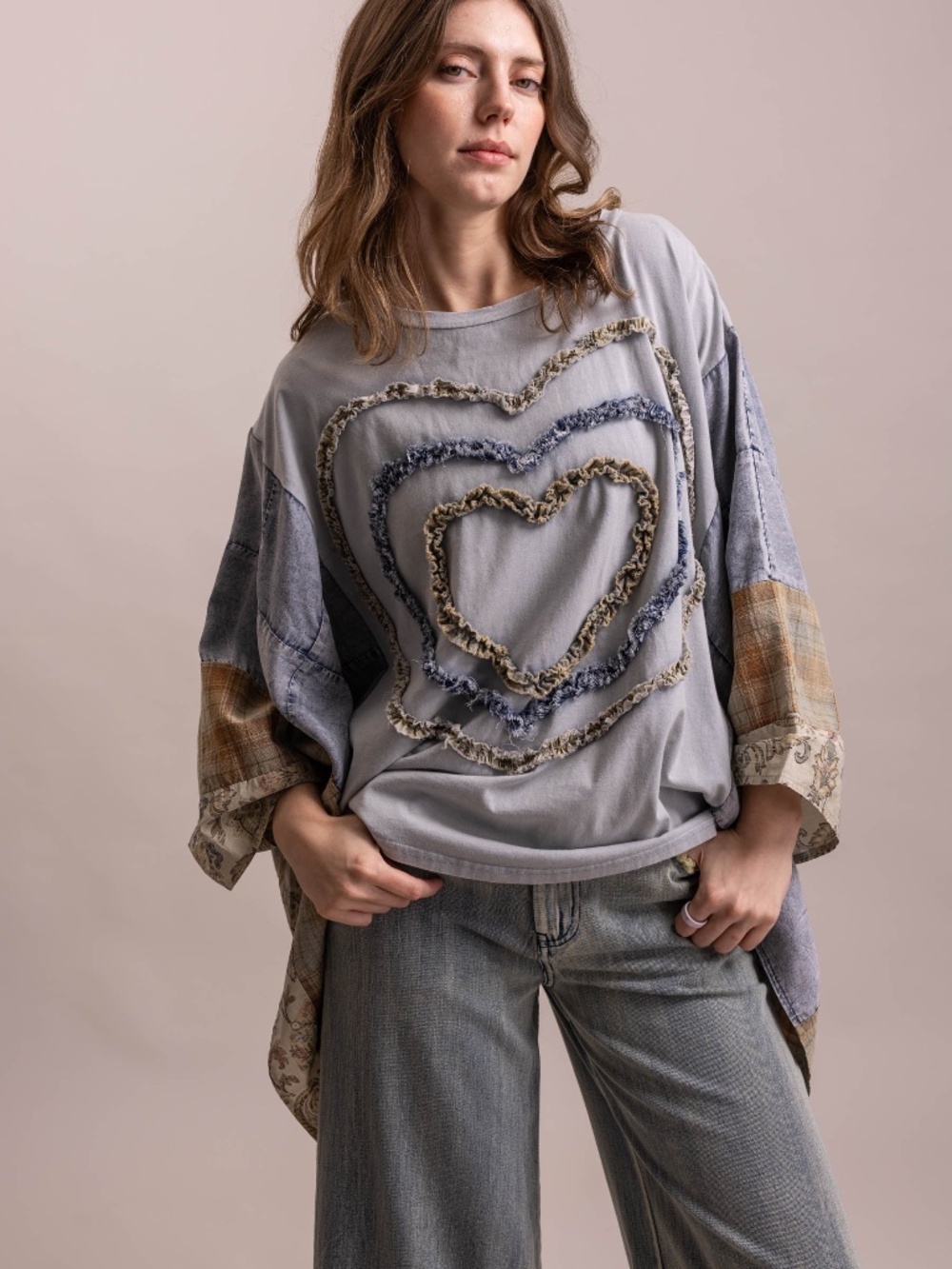 Bluevelvet Round Neck Heart Patch Plaid print Poncho Top